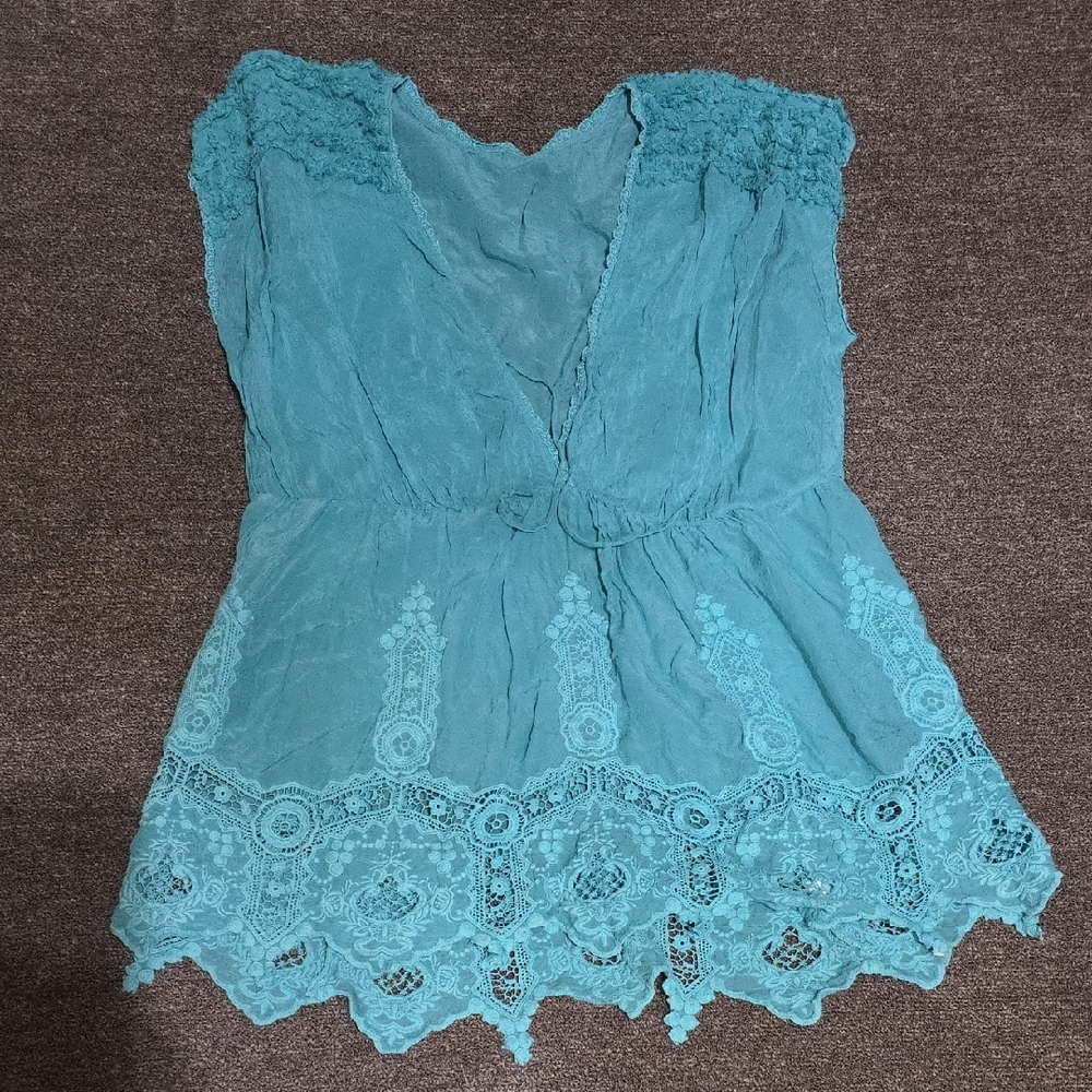 Elegant Lace Trim Teal Top Or Bathing Suit Coverup